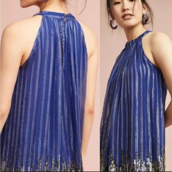 Anthropologie Ranna Gill Blue Flowy beaded top gold sz Small halter - Picture 1 of 7
